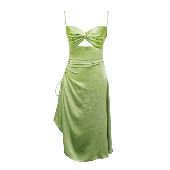 💚 Keira Olive Twist Front Side Slit Satin Dress 💚 - Picture 9 of 15